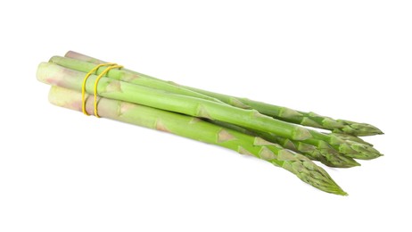 Photo of Bunch of fresh green asparagus stems on white background