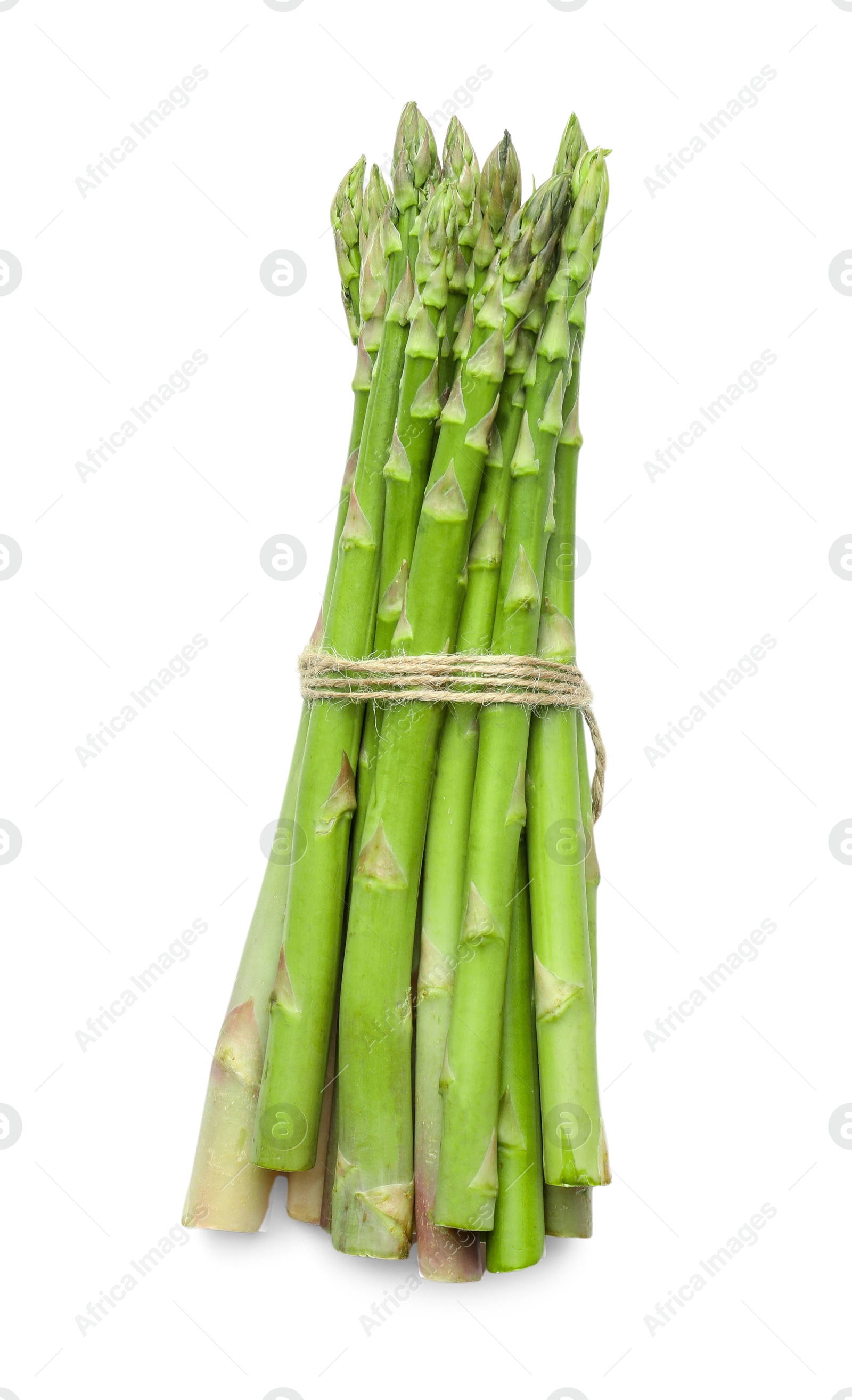 Photo of Bunch of fresh green asparagus stems isolated on white, top view