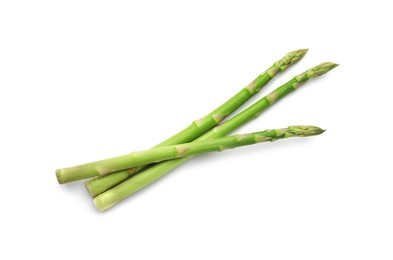 Photo of Fresh green asparagus stems isolated on white, top view