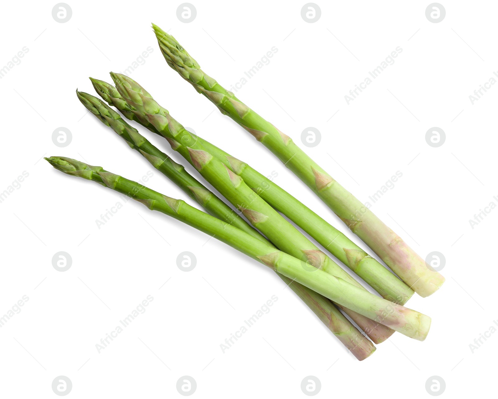 Photo of Fresh green asparagus stems isolated on white, top view