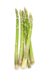 Photo of Fresh green asparagus stems isolated on white, top view