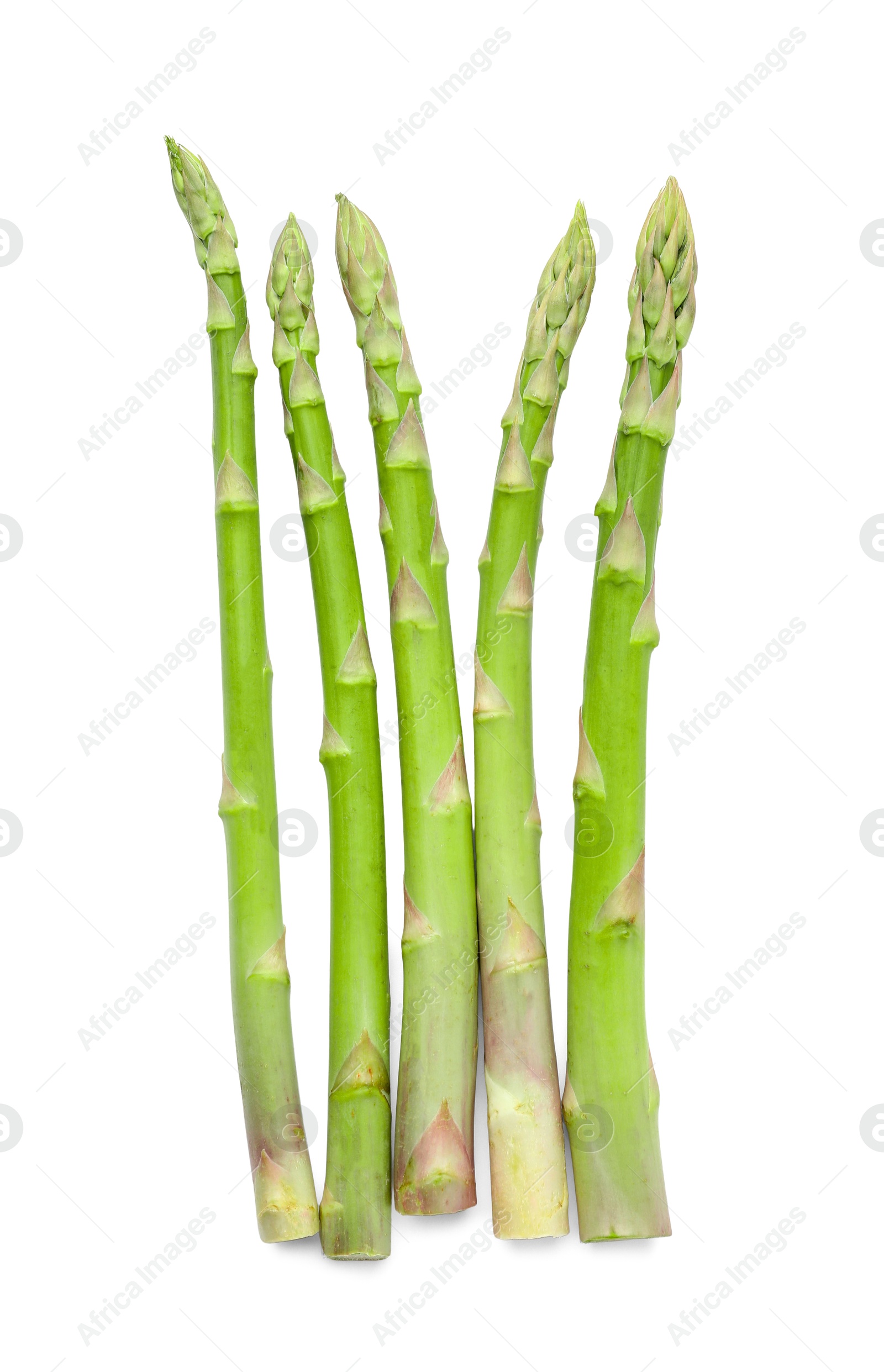 Photo of Fresh green asparagus stems isolated on white, top view