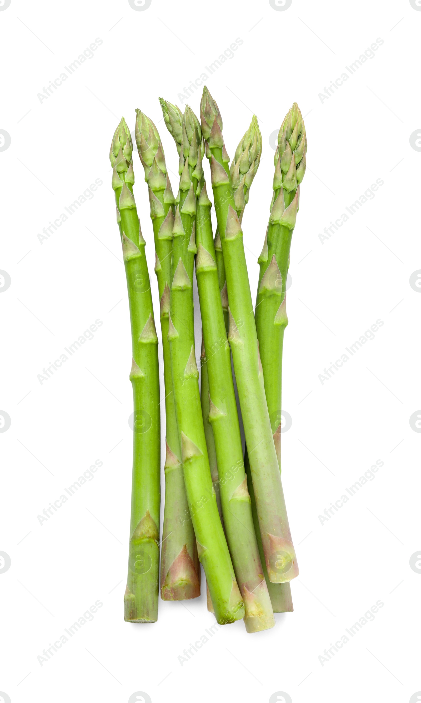 Photo of Fresh green asparagus stems isolated on white, top view