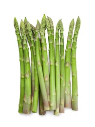 Photo of Fresh green asparagus stems isolated on white, top view