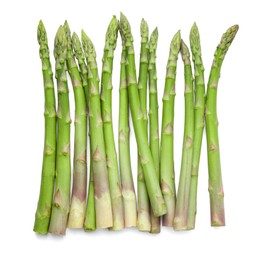 Photo of Fresh green asparagus stems isolated on white, top view