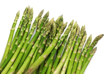 Photo of Fresh green asparagus stems isolated on white, top view