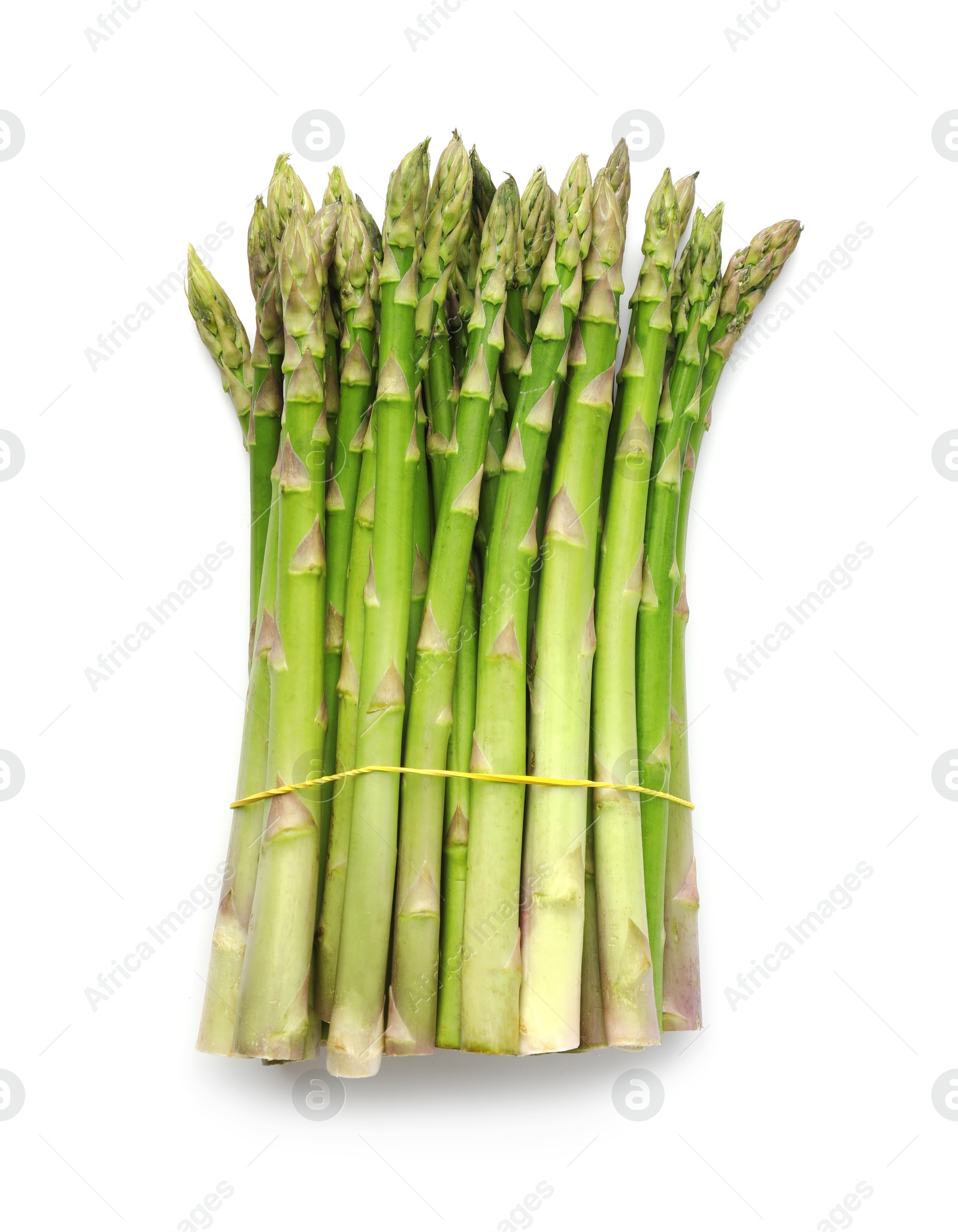 Photo of Bunch of fresh green asparagus stems isolated on white, top view