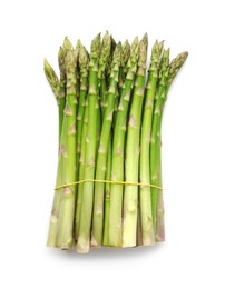 Bunch of fresh green asparagus stems isolated on white, top view