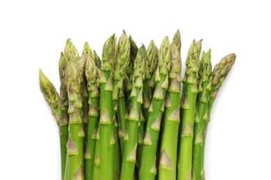 Photo of Fresh green asparagus stems isolated on white, top view