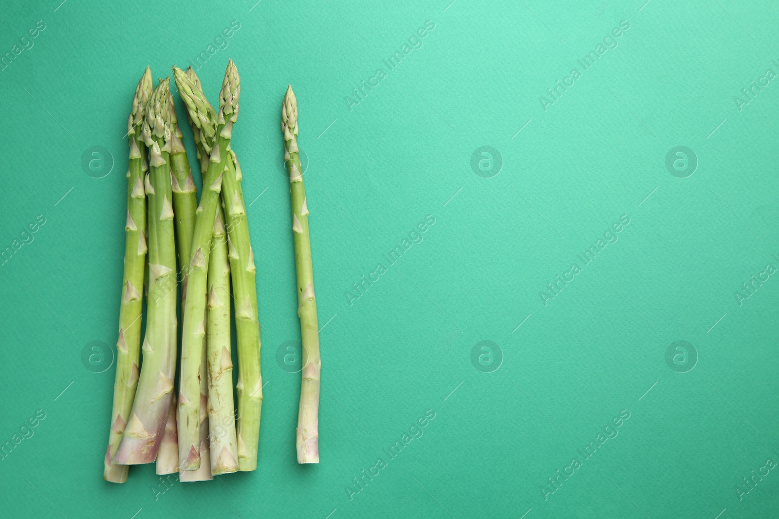 Photo of Fresh green asparagus stems on turquoise table, top view. Space for text