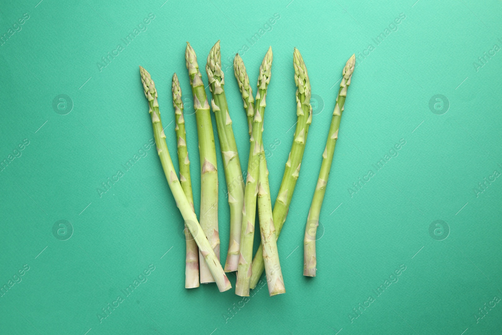 Photo of Fresh green asparagus stems on turquoise table, top view