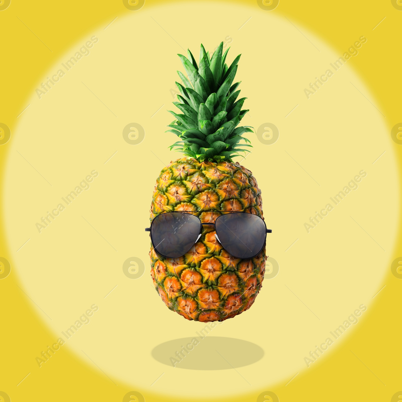 Image of Summer vibe. Pineapple with sunglasses on color background. Party flyer or other seasonal