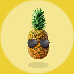 Image of Summer vibe. Pineapple with sunglasses on color background. Party flyer or other seasonal