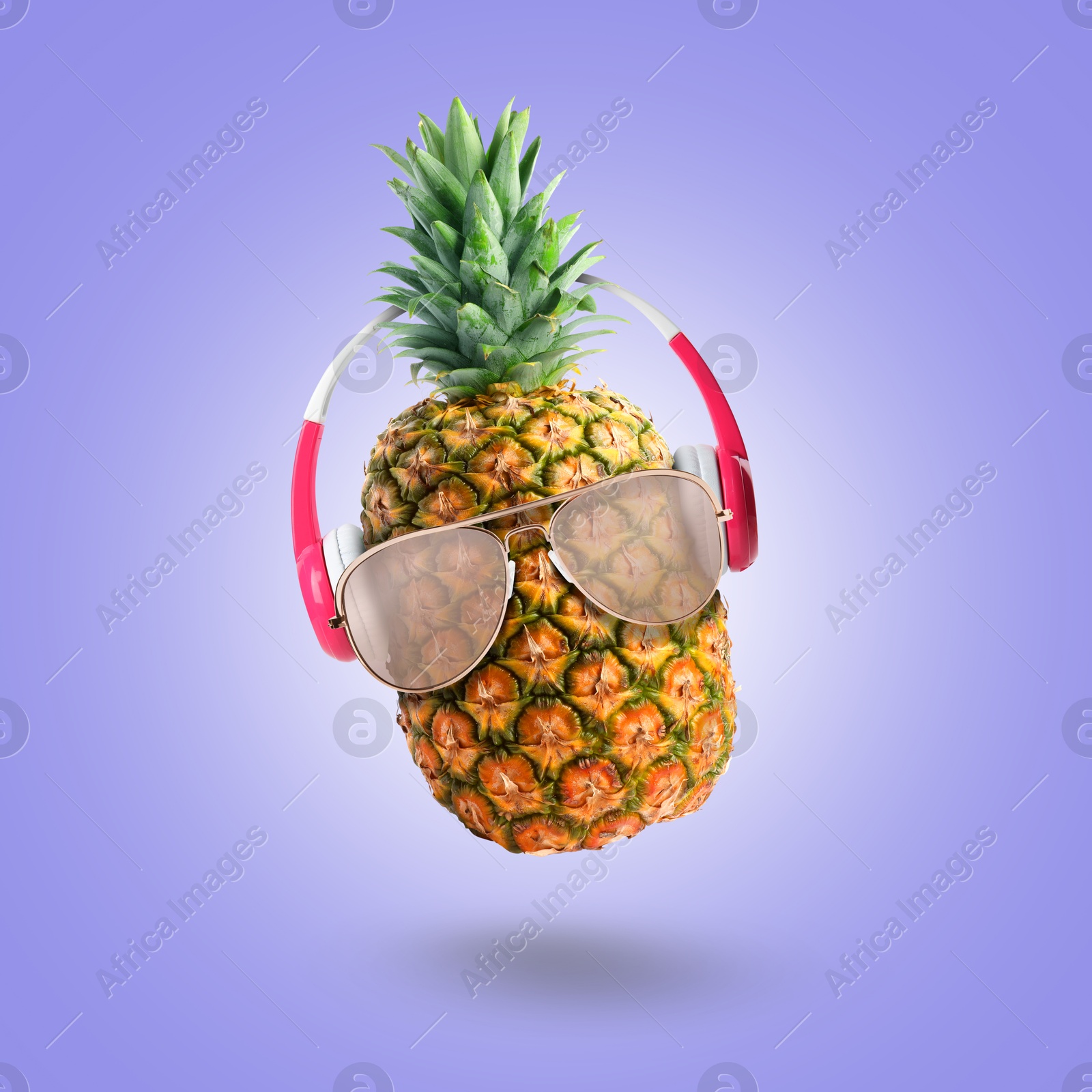 Image of Summer vibe. Pineapple with sunglasses and headphones on blue violet background. Party flyer or other seasonal