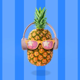 Image of Summer vibe. Pineapple with sunglasses and headphones on blue striped background. Party flyer or other seasonal