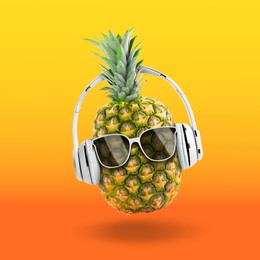 Image of Summer vibe. Pineapple with sunglasses and headphones on color gradient background. Party flyer or other seasonal