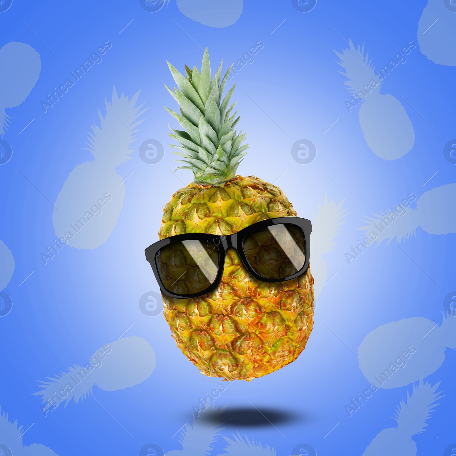 Image of Summer vibe. Pineapple with sunglasses on blue background. Party flyer or other seasonal