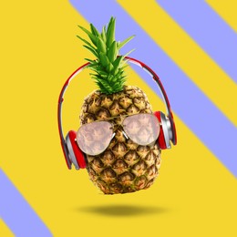 Image of Summer vibe. Pineapple with sunglasses and headphones on color background. Party flyer or other seasonal