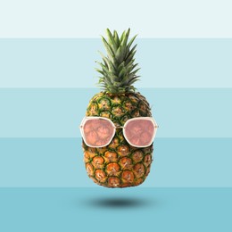 Image of Summer vibe. Pineapple with sunglasses on color background. Party flyer or other seasonal