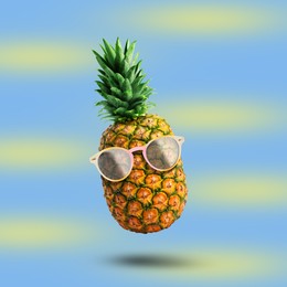 Image of Summer vibe. Pineapple with sunglasses on color background. Party flyer or other seasonal