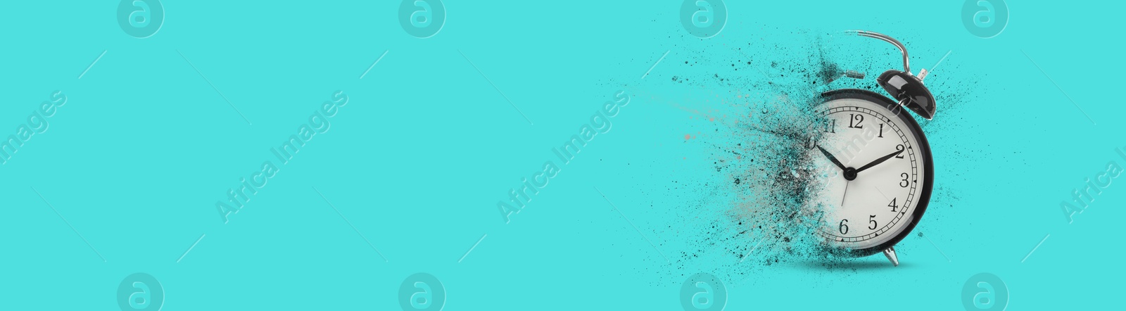 Image of Black alarm clock dissolving on turquoise background, banner design with space for text. Flow of time