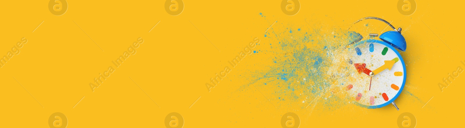 Image of Bright alarm clock dissolving on orange background, banner design with space for text. Flow of time