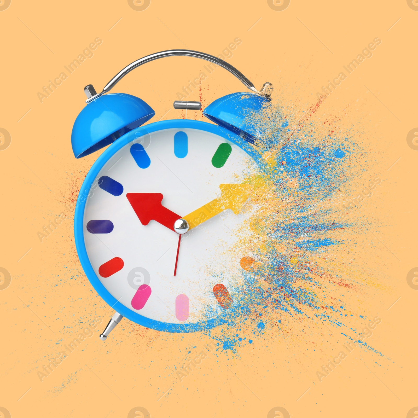 Image of Bright alarm clock dissolving on dark beige background. Flow of time