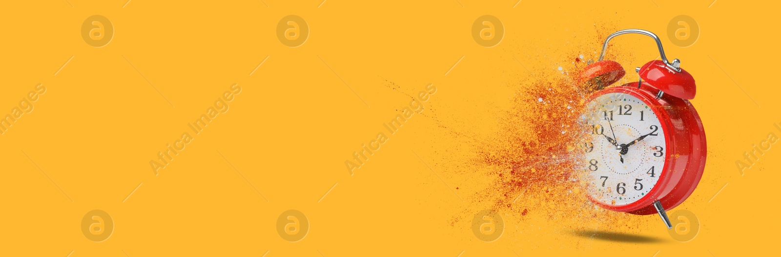 Image of Red alarm clock dissolving on orange background, banner design with space for text. Flow of time