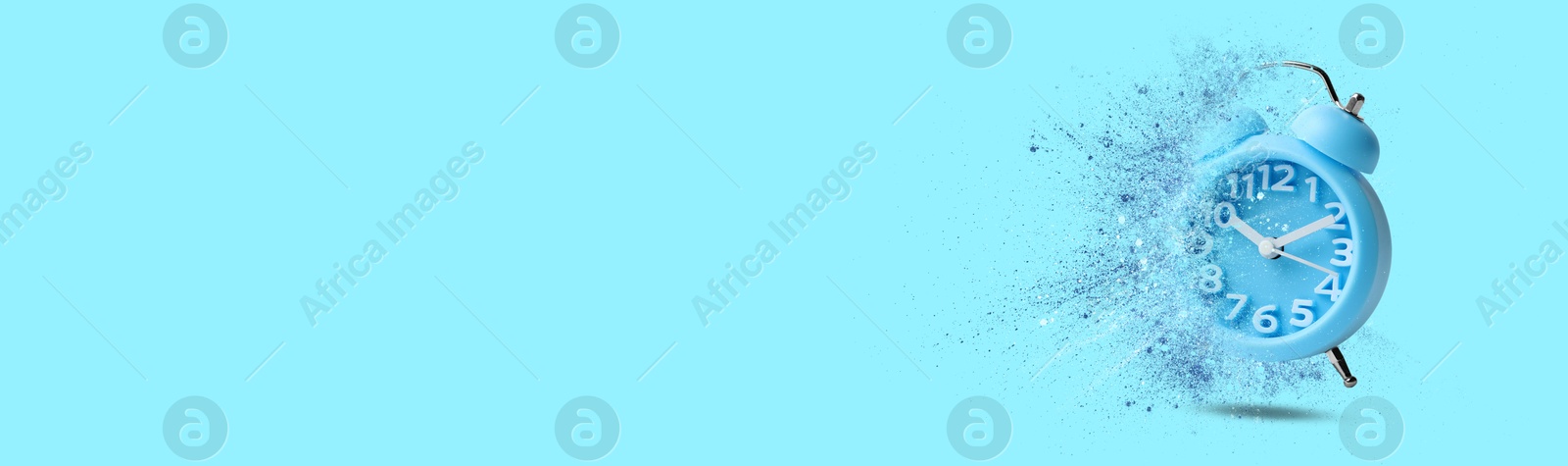 Image of Alarm clock dissolving on light blue background, banner design with space for text. Flow of time