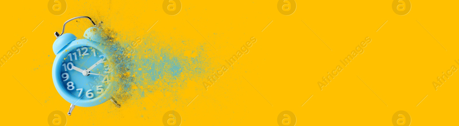 Image of Light blue alarm clock dissolving on orange background, banner design with space for text. Flow of time