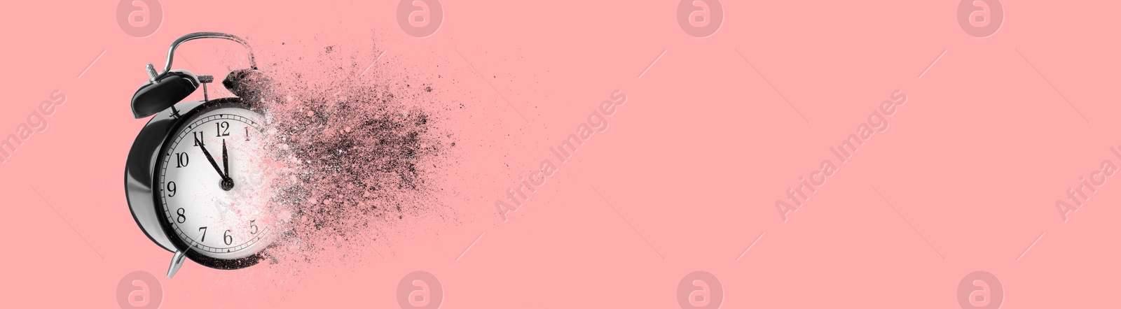 Image of Black alarm clock dissolving on pink background, banner design with space for text. Flow of time