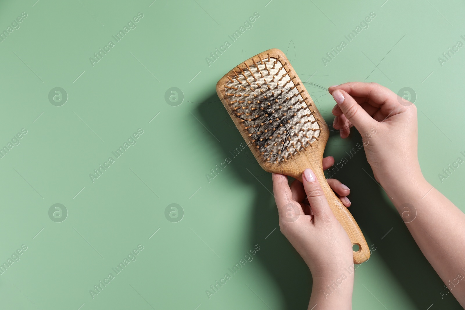 Photo of Woman holding brush with lost hair on green background, top view