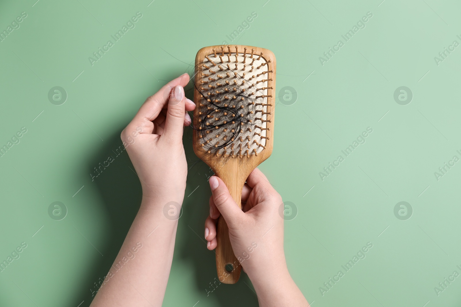 Photo of Woman holding brush with lost hair on green background, top view