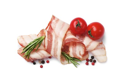 Slices of raw bacon, fresh tomatoes, peppercorns and rosemary isolated on white, top view