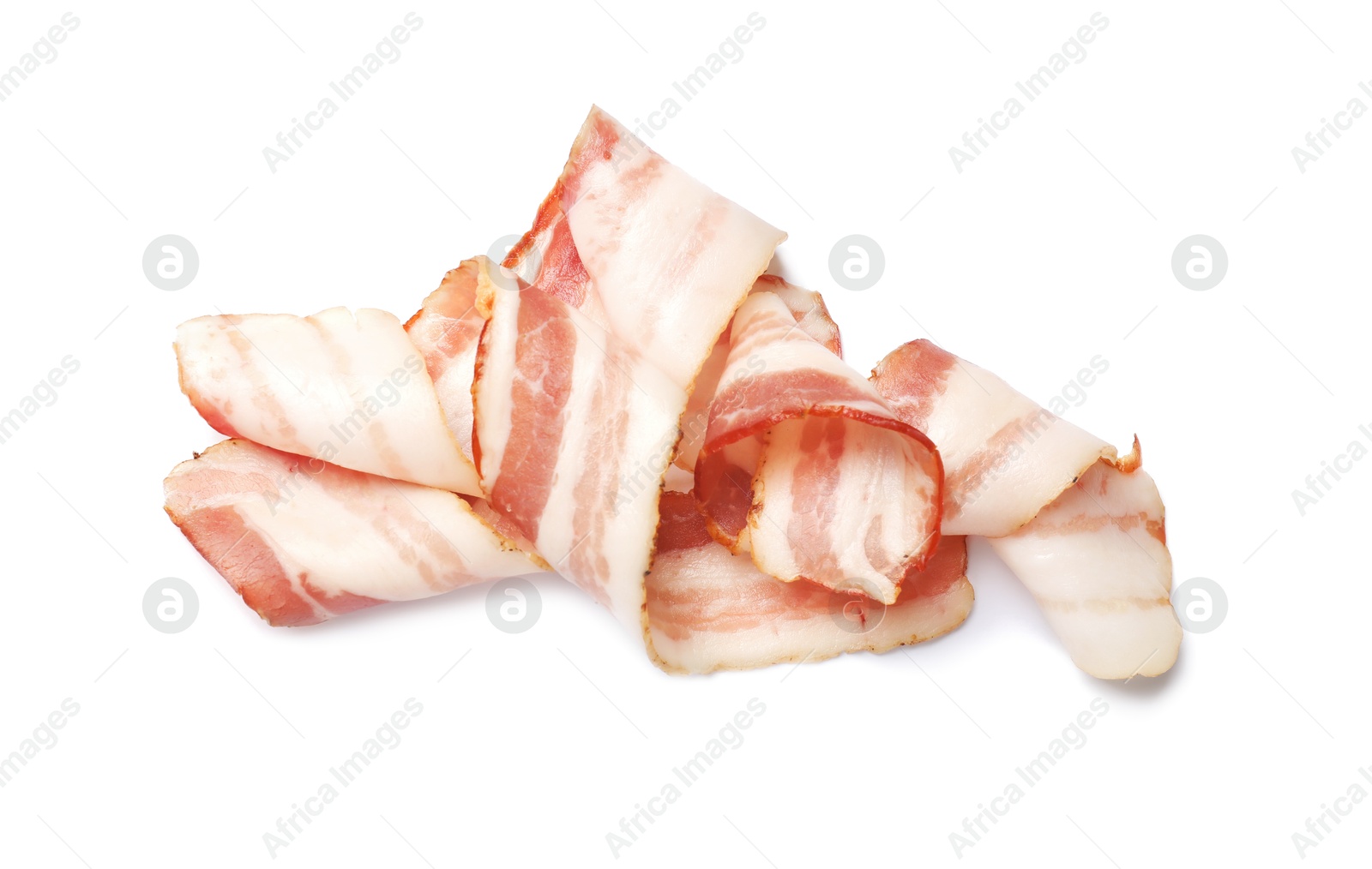 Photo of Slices of raw bacon isolated on white, top view