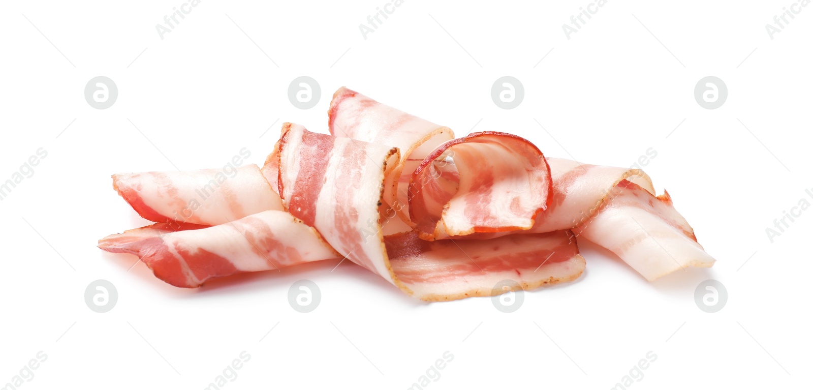 Photo of Slices of raw bacon isolated on white