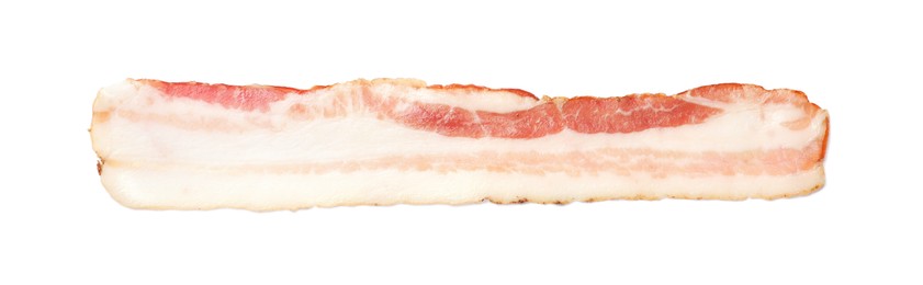 Photo of Slice of raw bacon isolated on white, top view