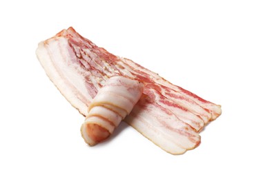 Photo of Slices of raw bacon isolated on white