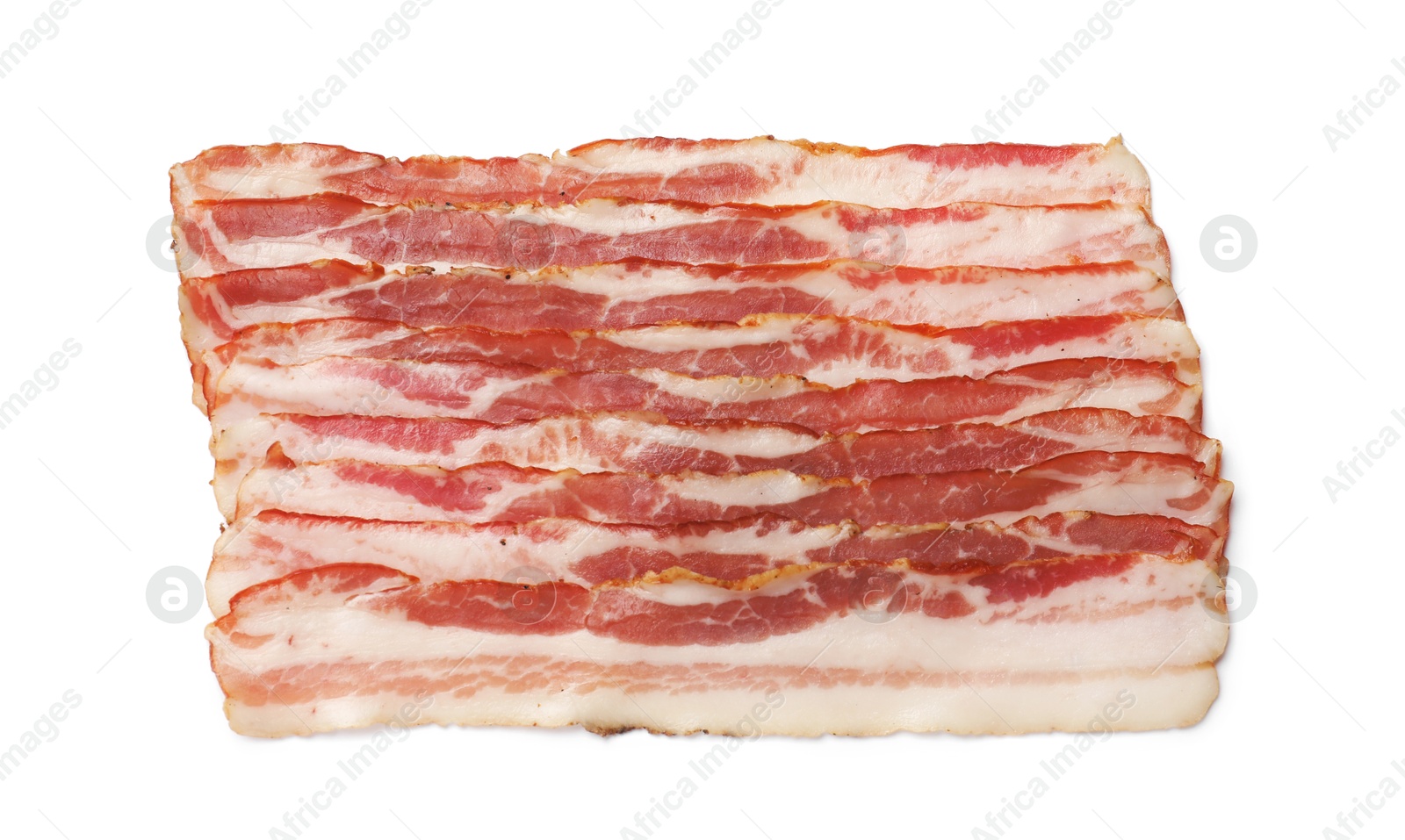 Photo of Slices of raw bacon isolated on white, top view