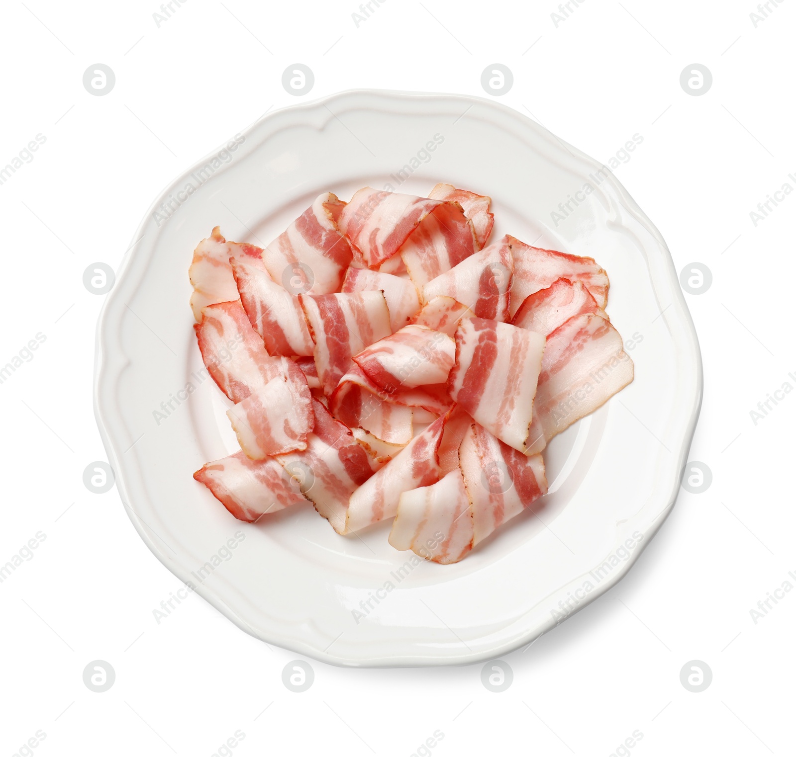 Photo of Slices of raw bacon isolated on white, top view