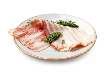 Slices of raw bacon and rosemary isolated on white