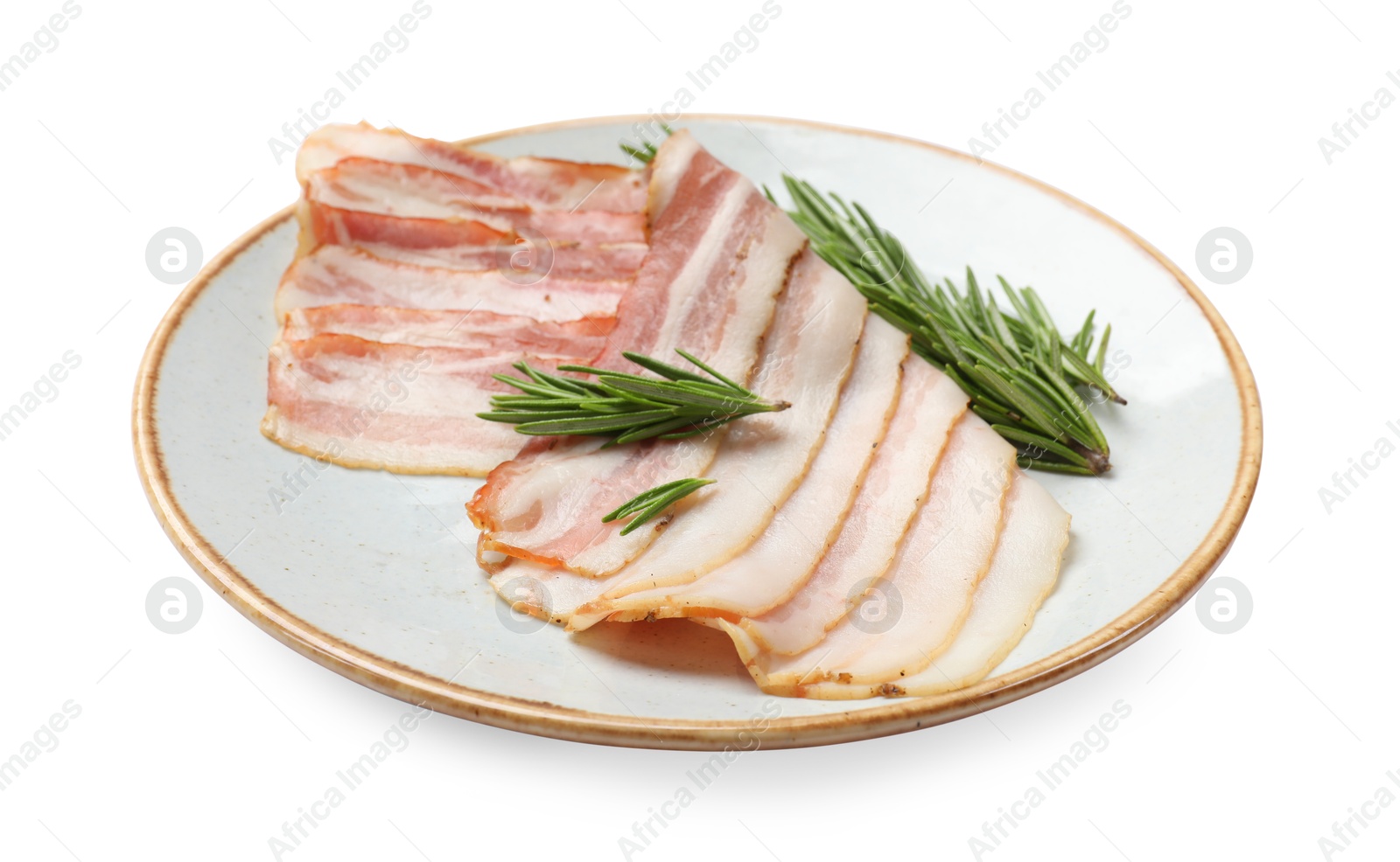 Photo of Slices of raw bacon and rosemary isolated on white