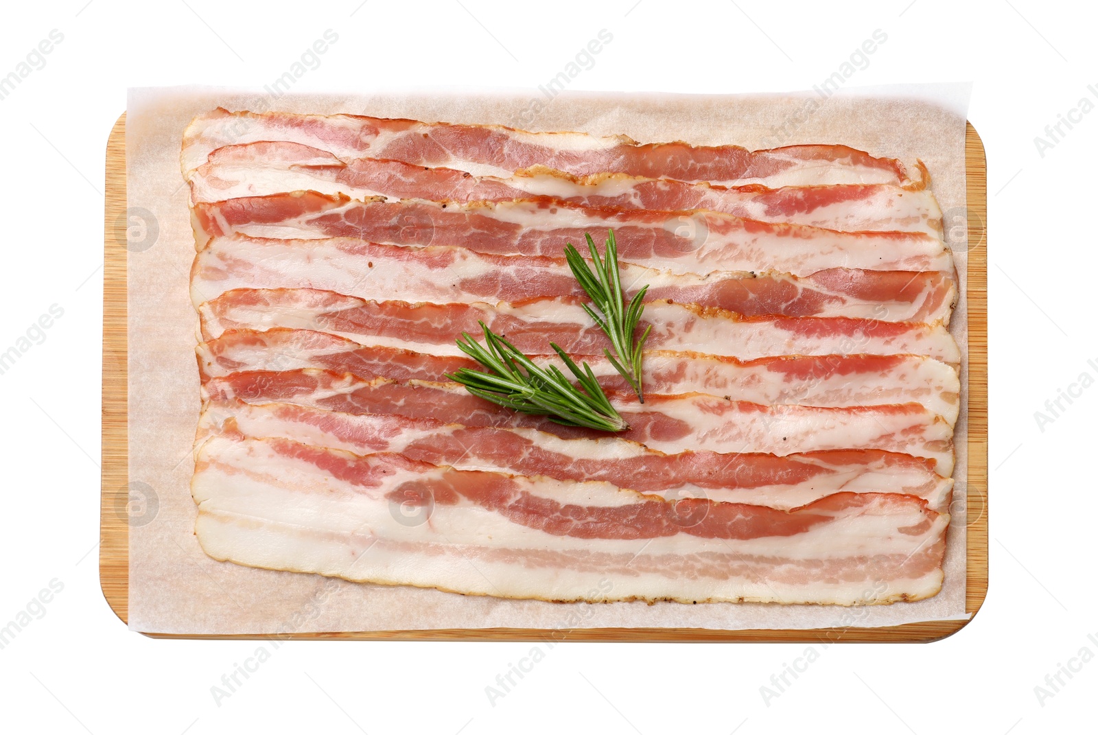 Photo of Slices of raw bacon and rosemary isolated on white