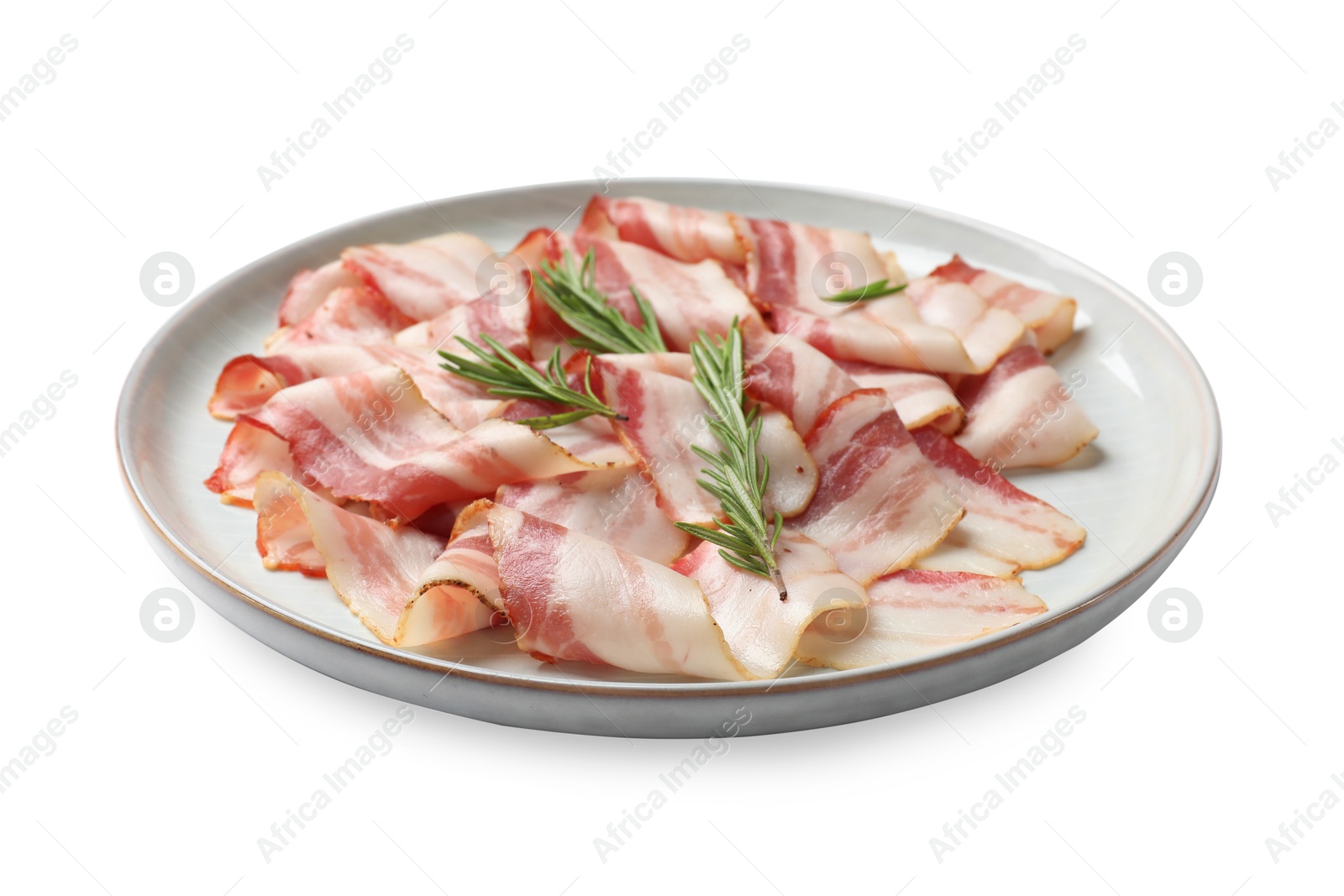 Photo of Slices of raw bacon and rosemary isolated on white