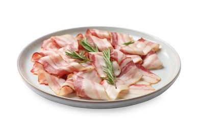 Photo of Slices of raw bacon and rosemary isolated on white