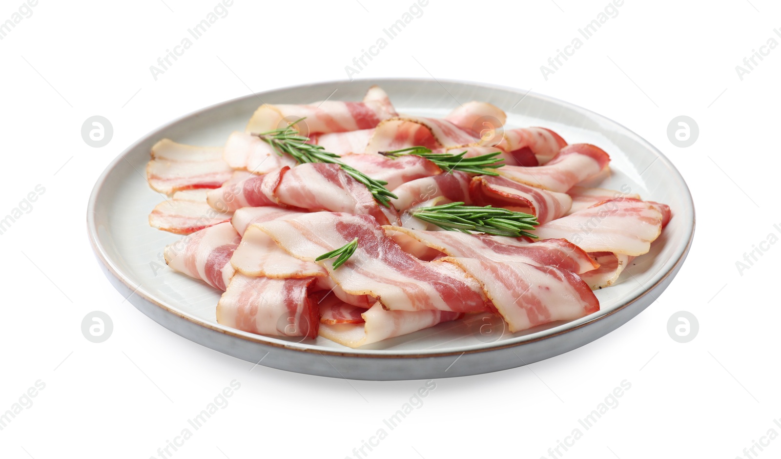 Photo of Slices of raw bacon and rosemary isolated on white