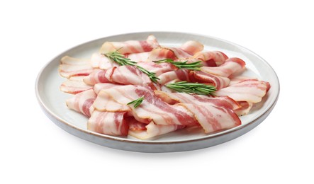 Photo of Slices of raw bacon and rosemary isolated on white