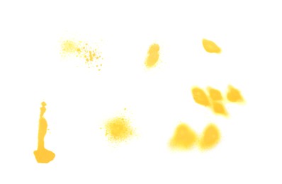 Photo of Abstract spots made with yellow spray paint isolated on white, top view