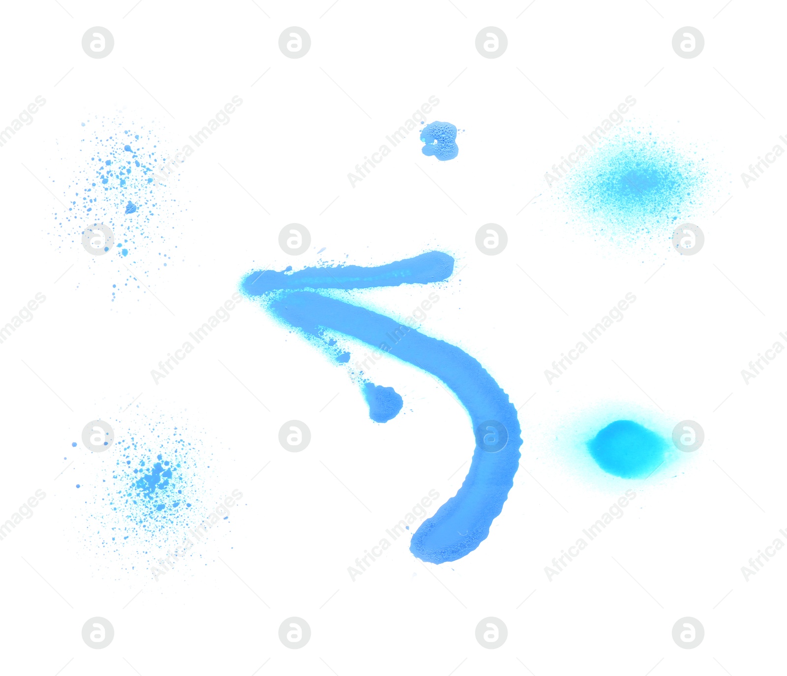 Photo of Different symbols made with light blue spray paint isolated on white, top view