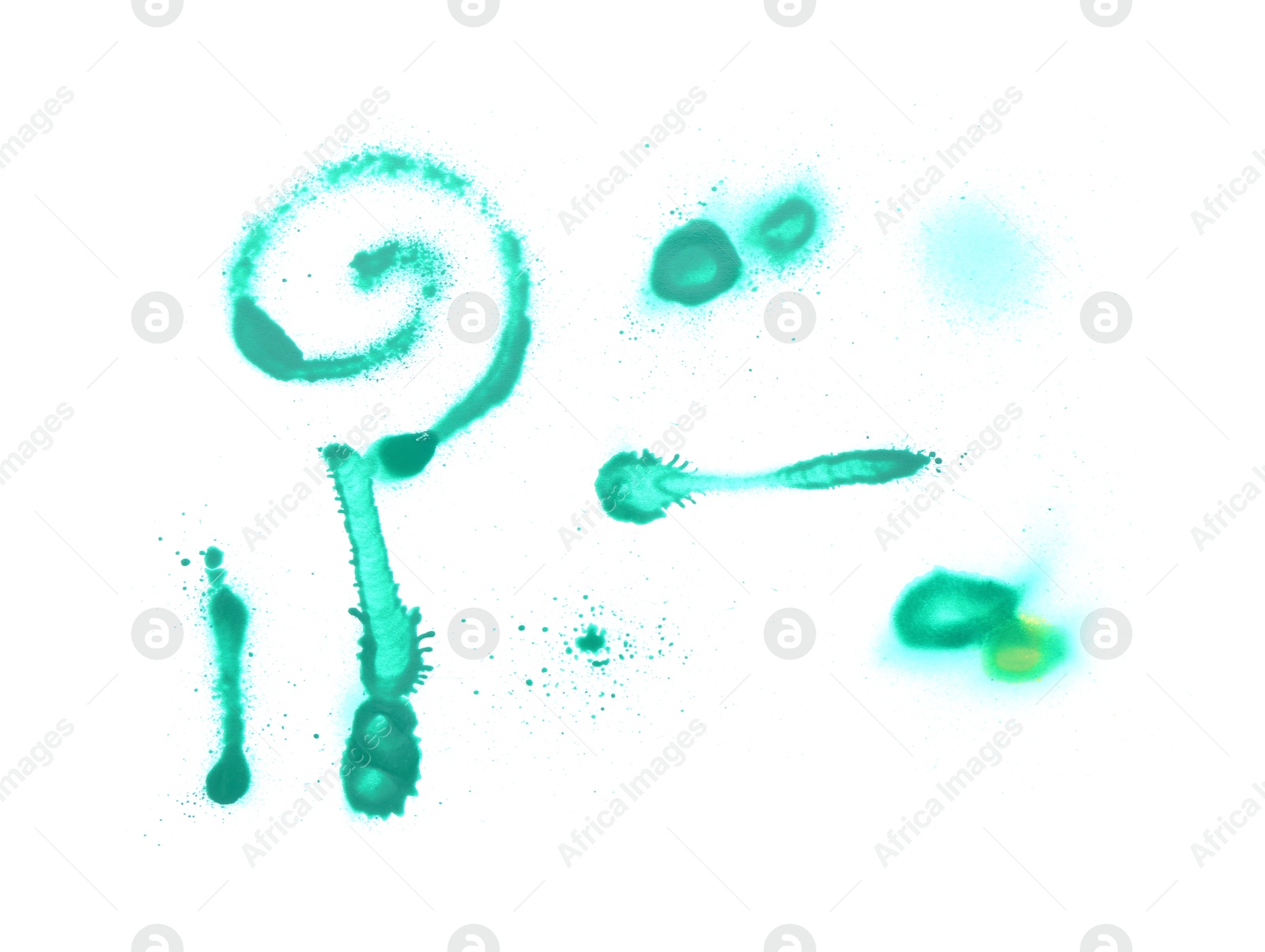 Photo of Different symbols made with green spray paint isolated on white, top view